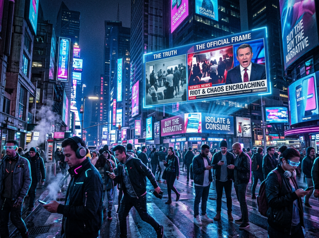 Crowded urban street at night with neon signs and digital billboards showing contrasting news and messages